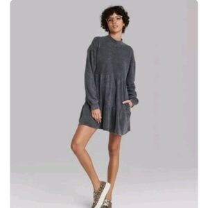 Wild Fable Black Mineral Wash Tiered Mock Neck Oversized Comfy Sweatshirt Dress